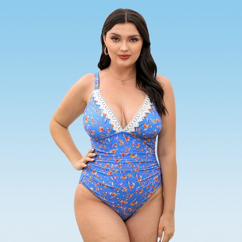 Women's Plus Size Lace Floral V-neck Shirring One-piece Swimsuit -  Cupshe-0X-Blue