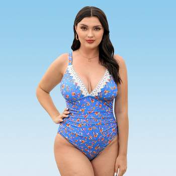 Women's Plus Size Lace Floral V-neck Shirring One-piece Swimsuit - Cupshe