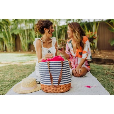 Blue and White Canvas and Willow Picnic Basket Tote