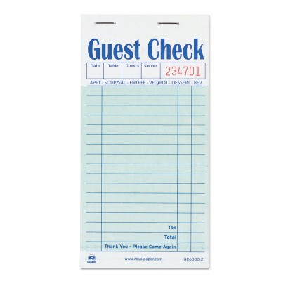 Royal Guest Check Book Carbon Duplicate 3 1/2 x 6 7/10 50/Book 50 Books/Carton GC60002