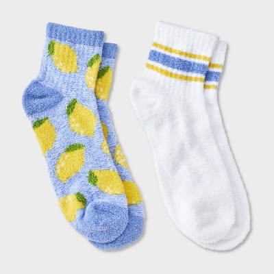 Women's Lemons 2pk Cozy Quarter Crew Socks - Blue/White 4-10: Midweight Velour Ribbed with Fruit Pattern, Machine Washable