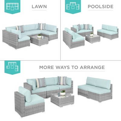 Gray and Pastel Blue 7-Piece Modular Wicker Outdoor Sectional Set