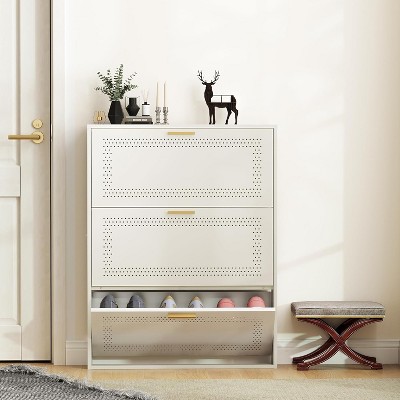 Bekrvio Slim Narrow Metal Shoe Cabinet with 3 Flip Drawers, Breathable Freestanding Hidden Organizer, Shoe Storage Rack for Entryway, Hallway