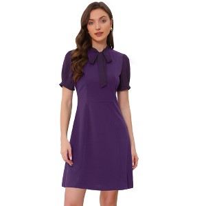 INSPIRE CHIC Women's Bow Tie Keyhole Neck Puff Sleeve Elegant Work Dress - 1 of 4