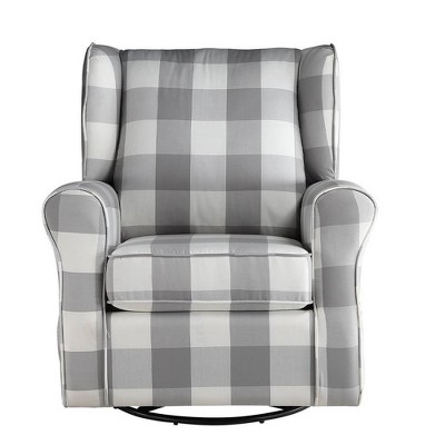 Gray Plaid Swivel Accent Chair with Wood Frame