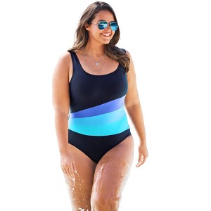 Swim 365 Women's Plus Size Colorblock One-Piece - 1 of 4