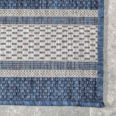 Blue and White Striped Synthetic Indoor/Outdoor Rug