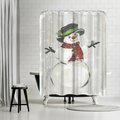 Bed Bath & Beyond Winter Snowman Holiday Vintage Signs Shower Curtain & Hooks 