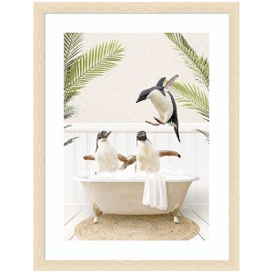 Kate and Laurel Penguins in Palms Bath by Amy Peterson Framed Wall Art Print, 20 x 26, Woodgrain Stripe Blonde - 1 of 4