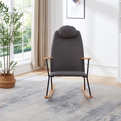CAVINAS Adjustable Headrest Glider Rocking Chair,High Back Bonded Leather Nursery Chair,Modern Rocker for Living Room,Bedroom