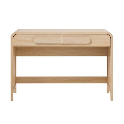 Vynxaria Transitional Modern Curved Waterfall Desk - Oak, with Drawers, Rounded Edge, Spacious Surface, Statement Pulls, Quick Assembly