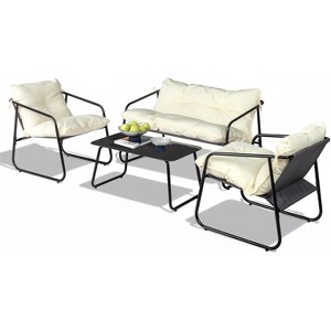 VINGLI 4 Piece Patio Conversation Set, Outdoor Furniture Set with Glass Coffee Table & Comfortable Cushion, White - 1 of 4