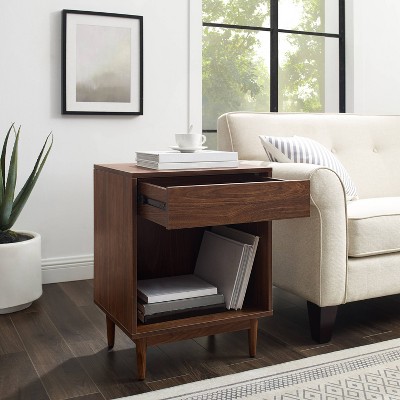Liam Mid-Century Walnut Wood Side Table with Record Storage