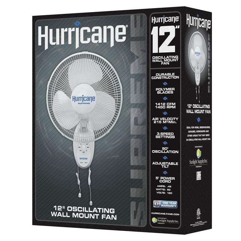 Hurricane Supreme 12 Inch 90 Degree Oscillating Indoor Wall Mounted 3 Speed Plastic Blade Fan with Adjustable Tilt and Pull Chain Control, White, 5 of 7