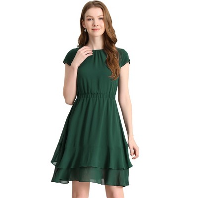Allegra K Women's Work Ruffle Hem Cap Sleeve High Waist A-Line Layered Midi Dress