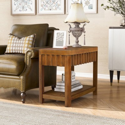 VYNXARIA 25inch Rectangular Farmhouse End Table with Storage Shelf,Sofa Side Table with Solid Wood Legs for Living Room, Bedroom