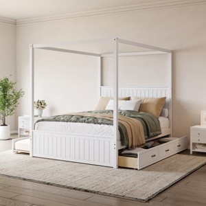 Merax Queen Size Modern Canopy Platform Bed with Pull-Out Trundle and 3 Drawers - 1 of 4