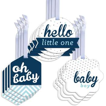 Big Dot of Happiness Hello Little One - Blue and Silver - Assorted Hanging Boy Baby Shower Favor Tags - Gift Tag Toppers - Set of 12