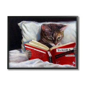 Stupell Industries Cat Reading a Book in Bed Funny Painting Framed Giclee Art - 1 of 4