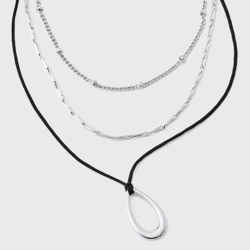 Cord and Teardrop Pendant Multi Strand Necklace Universal Thread Silver