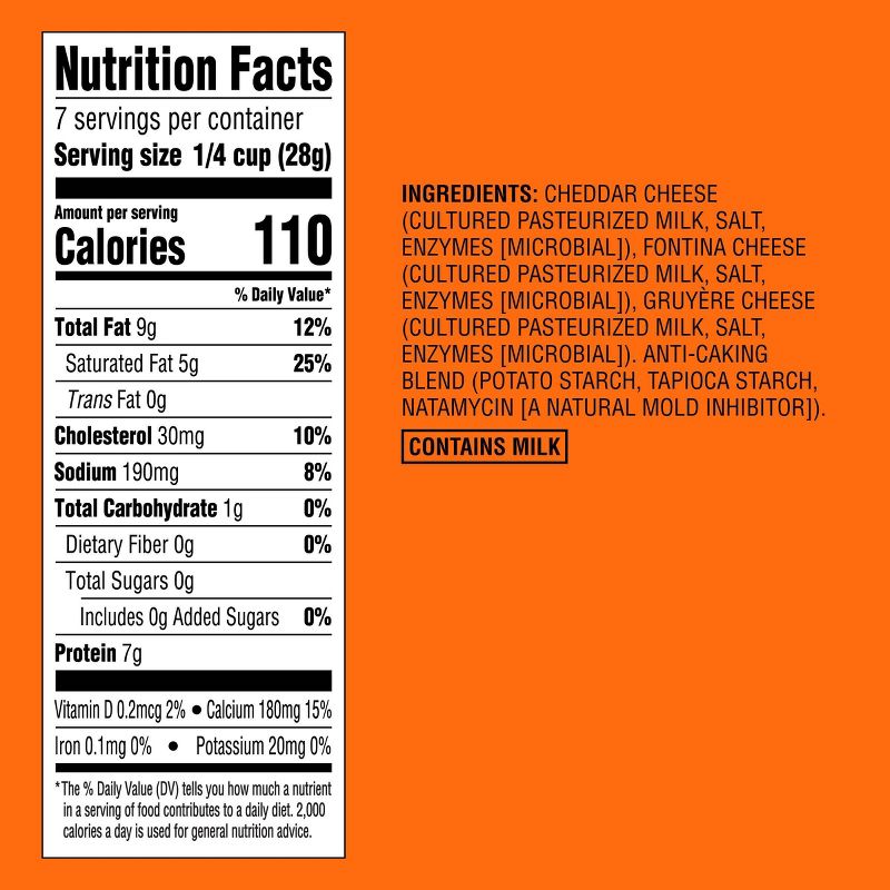 Nutrition label showing 110 calories per 1/4 cup serving, with ingredients including cheddar, fontina, and gruyère cheeses, and a note that it contains milk.