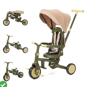7-in-1 Foldable Baby Tricycle w/ Adjustable Parent Handle – Toddler Trike with Safety Harness, Wheel Brakes - 1 of 4