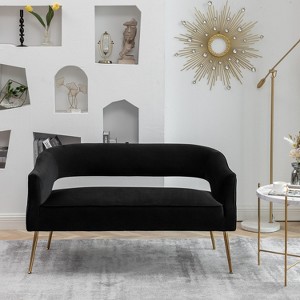 SEYNAR Modern 51'' Velvet Tufted Loveseat Open Back with Golden Metal Legs - 1 of 4