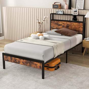 Costway Twin/Full/Queen Bed Frame with Storage Headboard Charging Station 18W USB C Port Rustic Brown