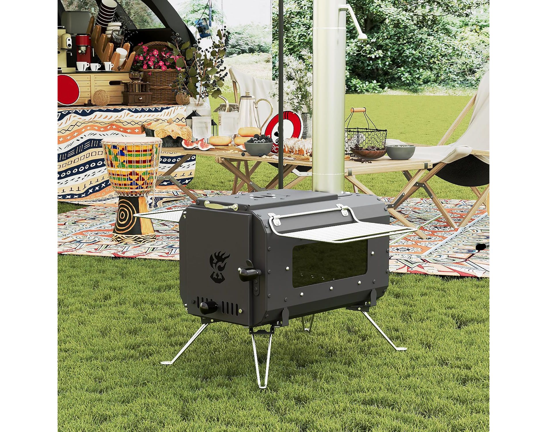 Outdoor Portable Wood Stove, 1610in³ Tent Stove,Wood Burning Stove for Camping,Cast Iron Wood Stove,Tent Heaters for Camping, Includes 6 Chimney