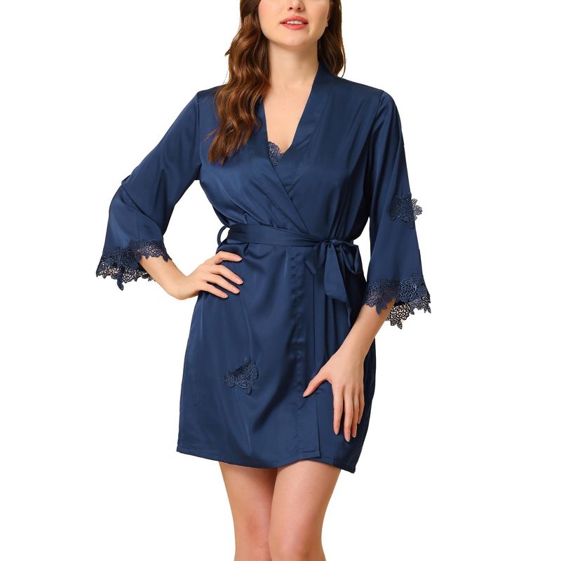 cheibear Women's Satin Silky Lounge Nightdress with Robe 2 Pcs Pajama Sets, 2 of 6