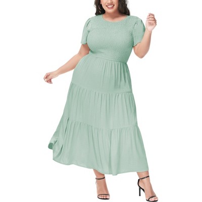 Anna-Kaci Women's Plus Size Casual Round Neck Flutter Short Sleeve Elastic Waist Smocked Maxi Dress
