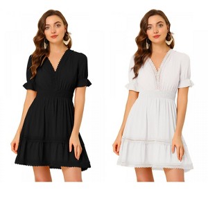 Allegra K Women's V Neck Smocked Elastic Waist Short Sleeve Boho Crochet Trim Mini Dress 2 Packs - 1 of 4