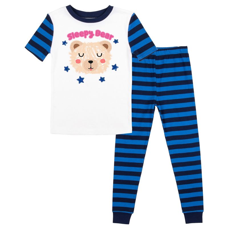 Sleepy Bear Youth Girls Blue & Black Striped Short Sleeve Shirt & Sleep Pants Set, 1 of 5