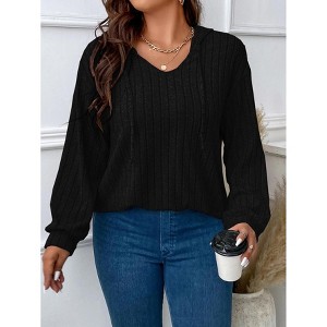 Solid Color Plus Size Women's Tops Loose V-Neck Hooded Long Sleeve Striped Brushed T-Shirt - 1 of 3