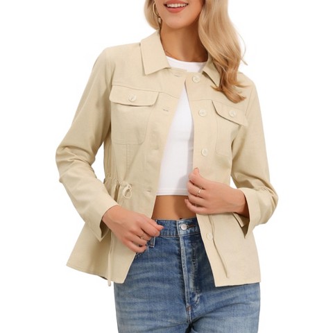 Женские куртки INSPIRE CHIC Women's Button Down Drawstring Waist Lapel Lightweight Spring Linen Utility Jacket Small Khaki