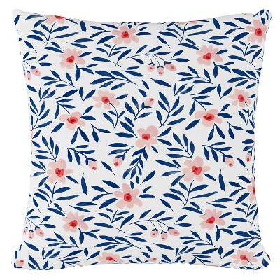 Blue/White Floral Throw Pillow - Skyline Furniture: Indoor Linen & Cotton, Zipper Closure, 18x18"