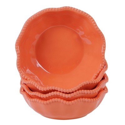Coral Melamine Dinnerware Set with Beaded Ruffled Rims, Service for 4