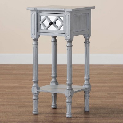 Gray Wood Accent Table with Mirrored Drawer and Storage Shelf