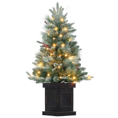 Christmas Tree,Small Mini Pre-Lit Xmas Tree Flocked w/Red Berries,Pre-Strung 78 Warm White Led Lights&Base,Potted Artificial Snow Arctic Fir