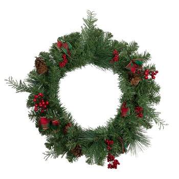 Northlight 24" Unlit Green Foliage, Pinecones and Berries with Tartan Ribbon Christmas Wreath