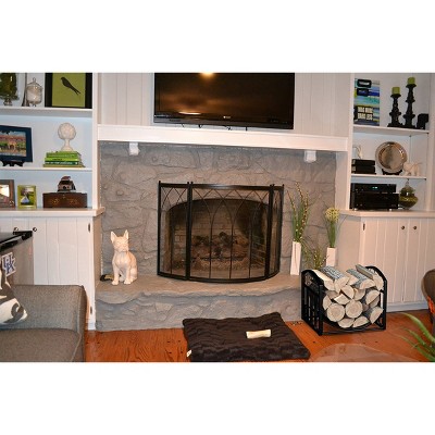 Black Curved Metal Firewood Rack with Decorative Scroll Design