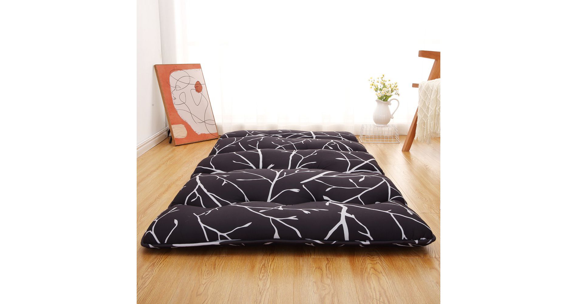 Floral Printed Futon Floor Mattress Twin/Full Size Japanese Style Roll Up Sleeping Mattress Pad for Indoor Outdoor Travel