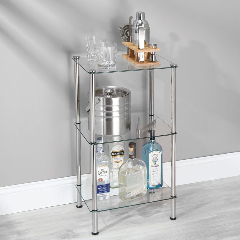 mDesign Metal/Glass 3-Tier Storage Tower w/ Glass Shelves, 2 Pack, Chrome/Clear, 3 of 10