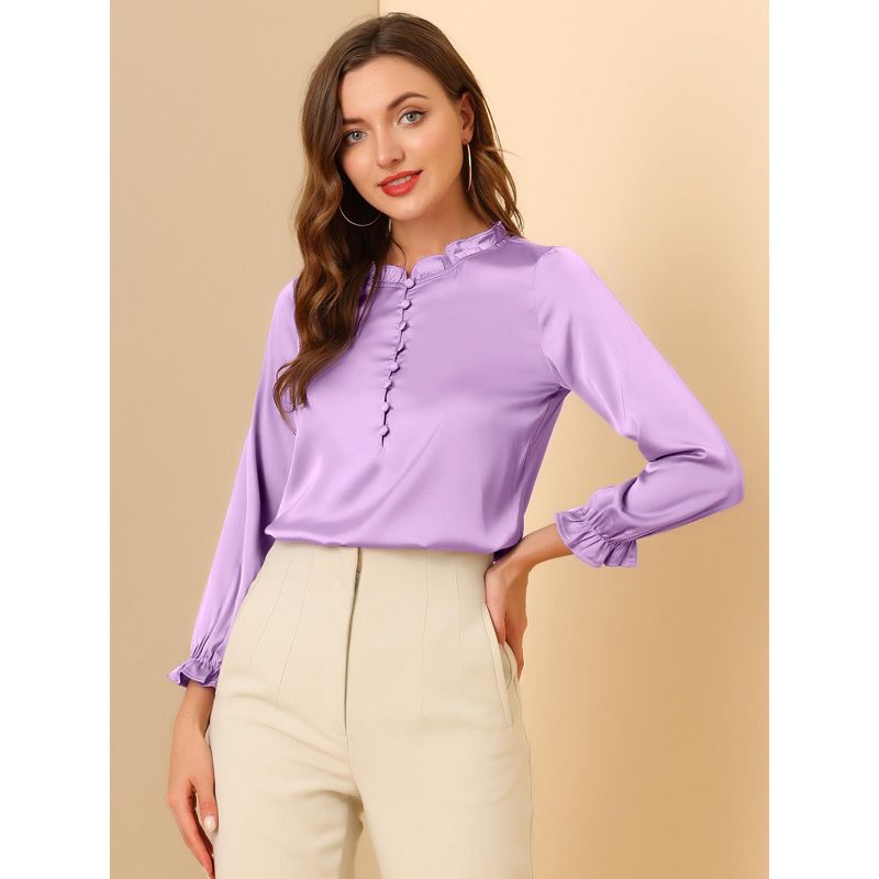 Allegra K Women's Ruffle Neck Long Sleeve Elastic Cuff Button Work Office Satin Shirt Blouse, 3 of 7