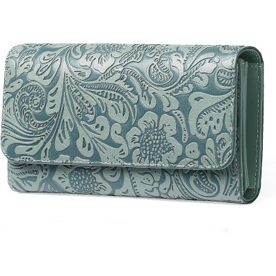 Women’s RFID Blocking Long Wallet Clutch – Vegan Leather Ladies Purse with Embossed Flower Design, Zipper Pocket & Card Holder