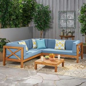 GDFStudio Keith Outdoor Acacia Wood 5 Seater Sectional Sofa Chat Set with Water-Resistant Cushions - 1 of 4