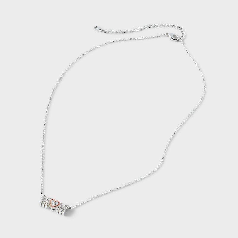 Silver Plated Two Tone Dancing Cubic Zirconia &#34;Mom&#34; Station Necklace - Silver/Rose Gold, 3 of 5