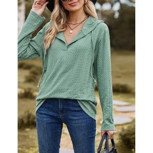Women Casual Hoodie Long Sleeves Fashion Pullover Shirt Loose Fit V Neck Drawstring Tunic Winter Tops Comfy Shirts - 1 of 4