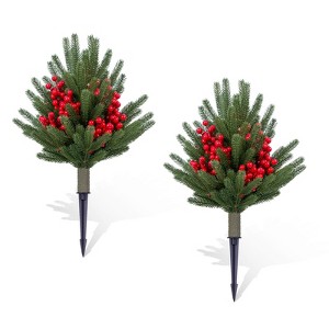 2 Pack Artificial Topiary with Ground Spike, UV Resistant Faux Greenery Shrubs, Fake Christmas Evergreen Plant for Front Porch Garden - 1 of 4