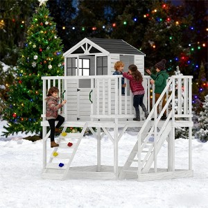 2-Story Elevated Cedar Playhouse for Kids - Outdoor Wooden Playhouse with Climbing Wall & Step Ladder, Modern Design - 1 of 4